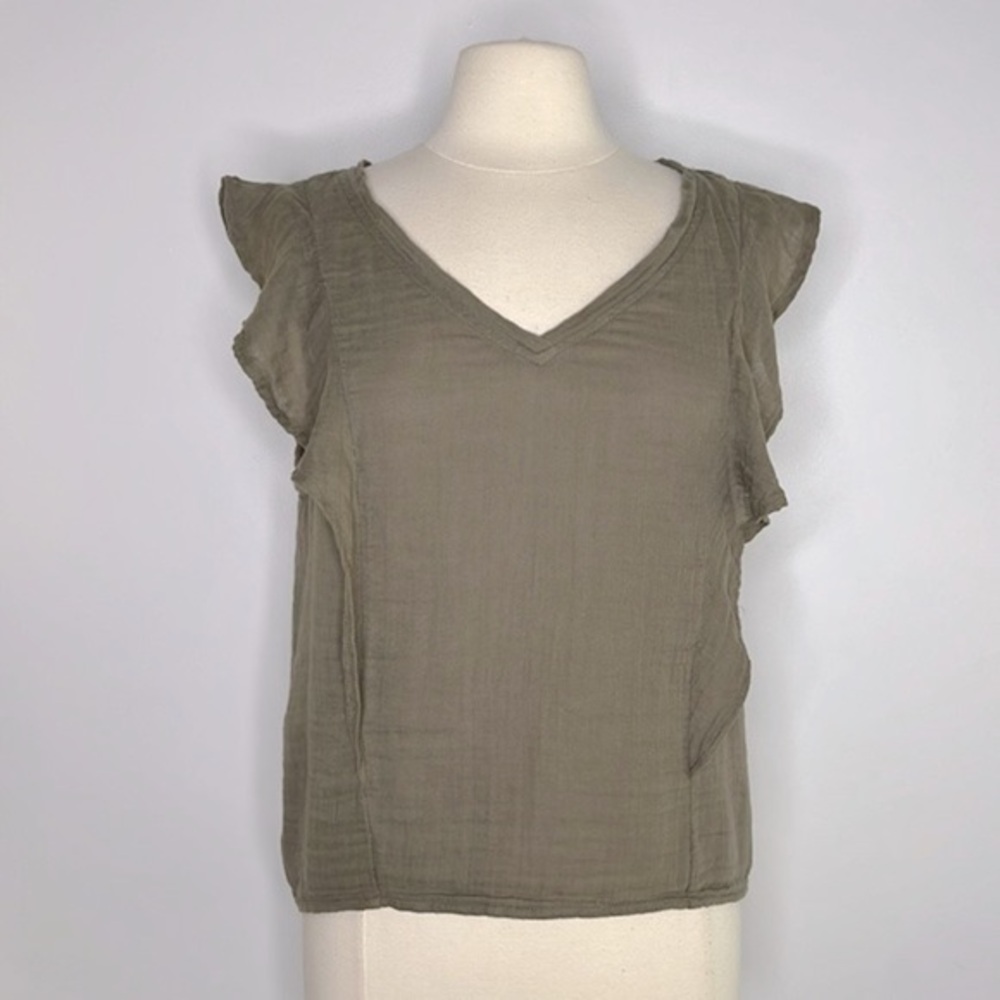 Michael Stars taupe crinkle fabric ruffle short sleeve top size women’s  Large